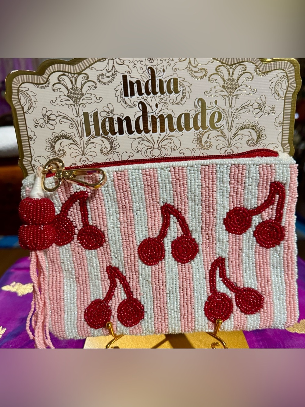 NWT India Handmade Beaded Cherry Pink Striped Pouch